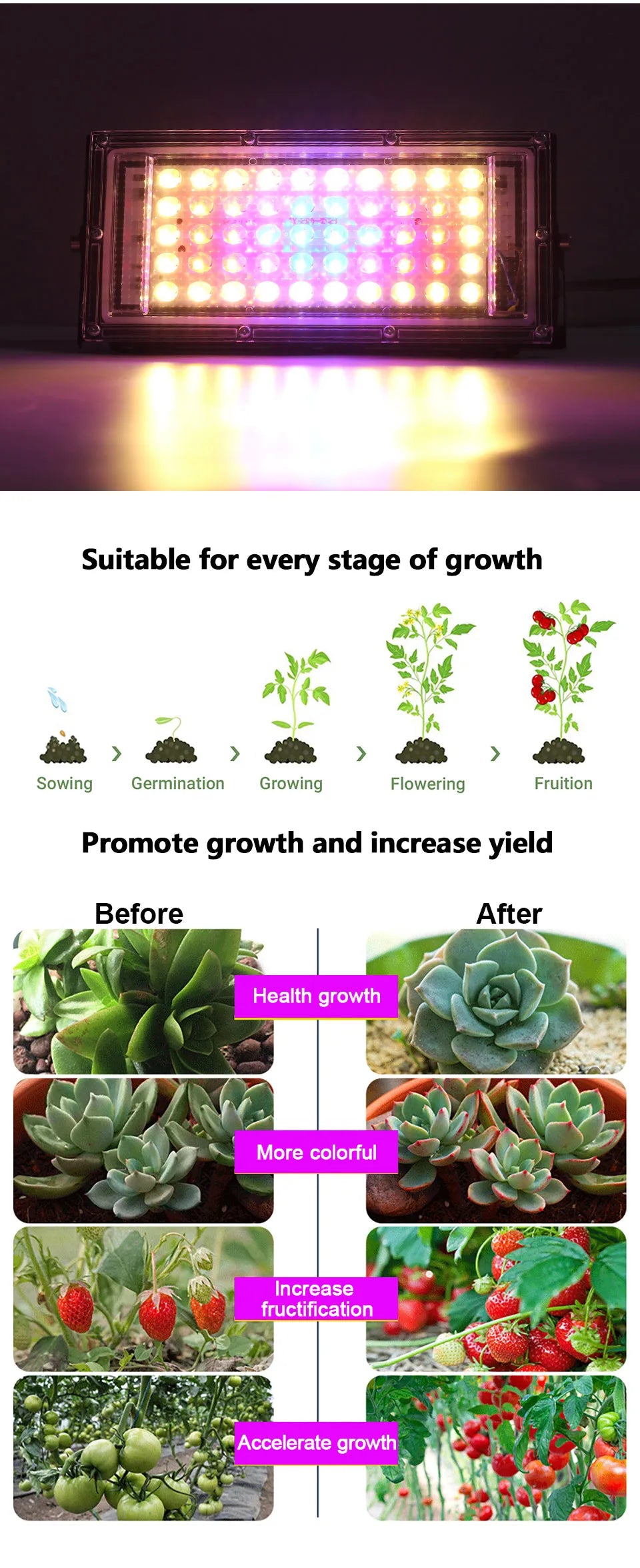 50W 220V Led Grow Light Plant Hydroponic Lamp LED Full Spectrum For Greenhouse Seeds Flower Hydroponic Plant Growth Lighting